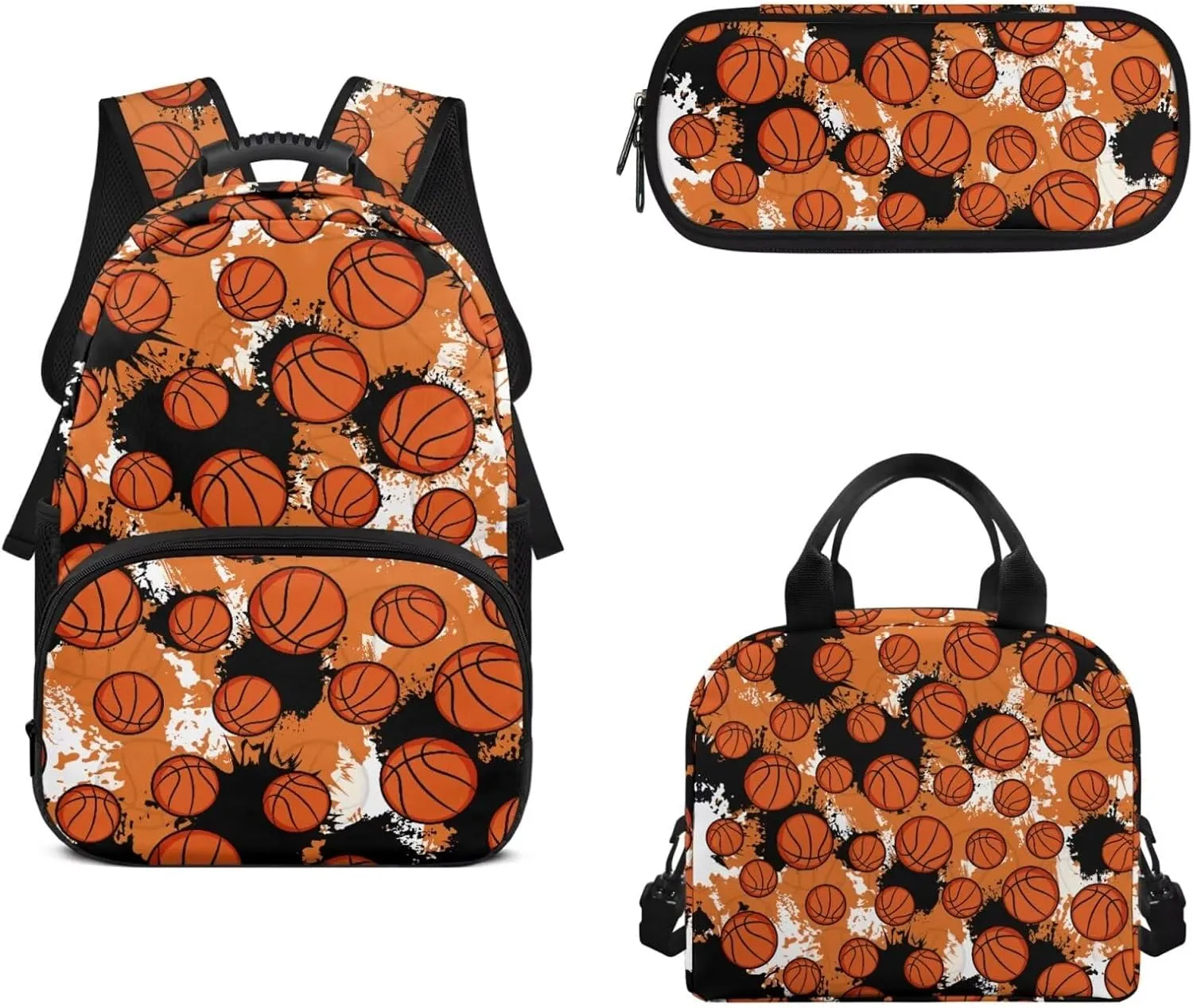 Basketball Print Back Packs School Boys Backpack and Lunch Box Set Practical Multi Compartment Girls Laptop Bookbag with Pencil Case Oil-proof for College