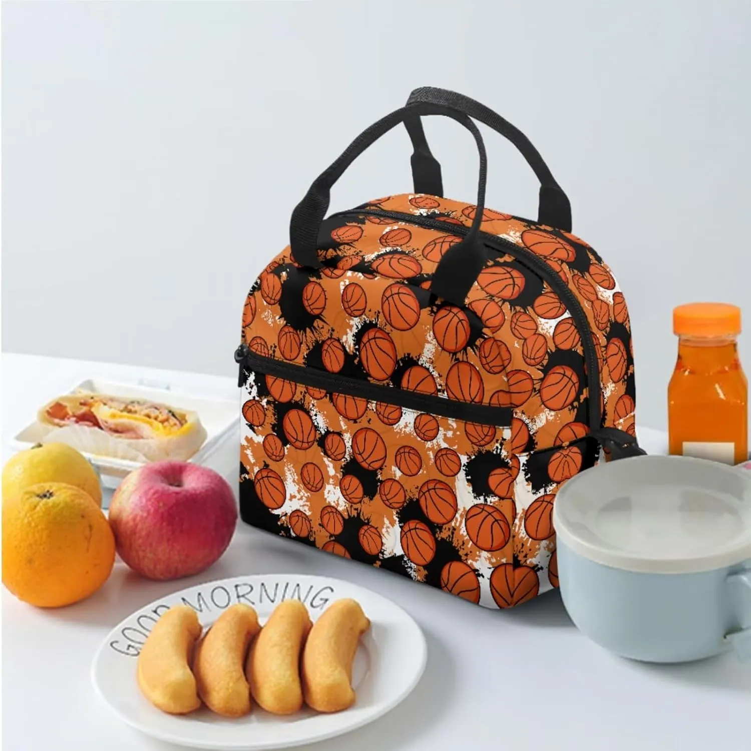 Basketball Print Back Packs School Boys Backpack and Lunch Box Set Practical Multi Compartment Girls Laptop Bookbag with Pencil Case Oil-proof for College