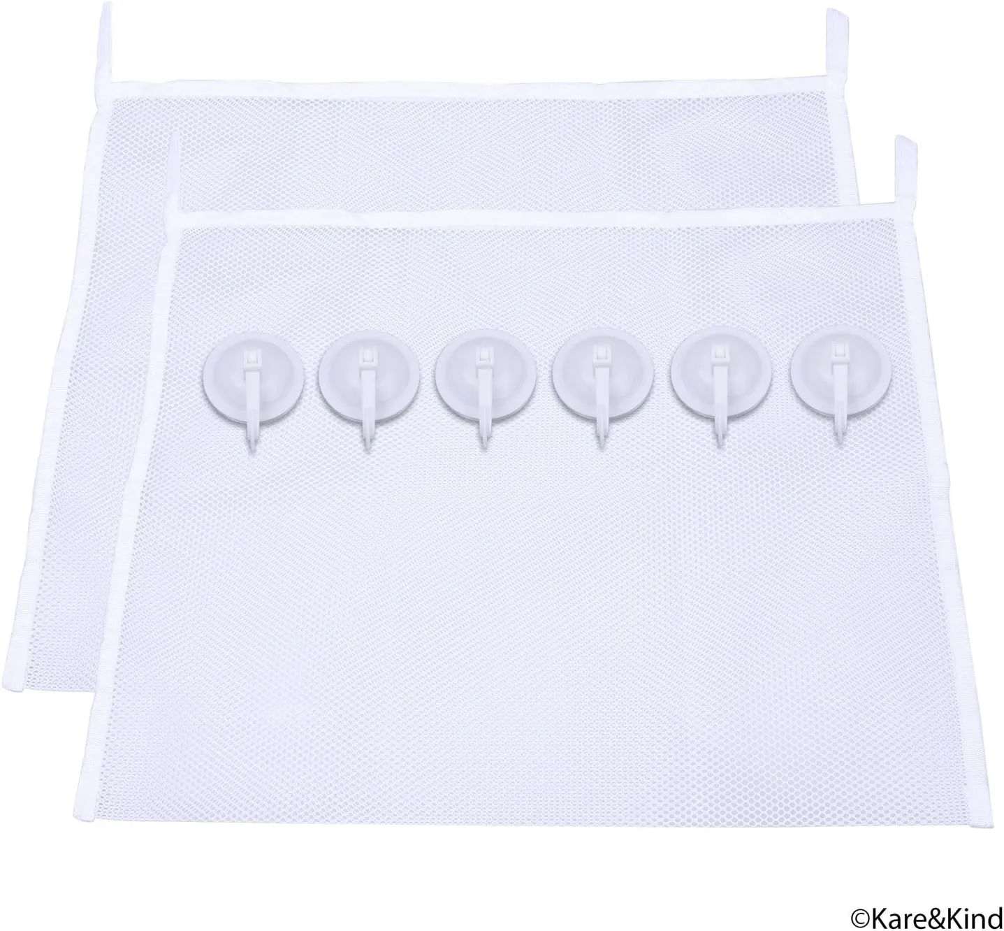 Bath Toy Organizer Set - 2 Extra Large Mesh Bags - 6 Extra Strong Grip Lock Suction Cup Hooks (White) - Easy Storage of Bath Toys and Other Bathroom Items - Mesh Bags Allow Content to Dry