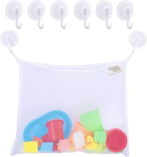 Bath Toy Organizer Set - 2 Extra Large Mesh Bags - 6 Extra Strong Grip Lock Suction Cup Hooks (White) - Easy Storage of Bath Toys and Other Bathroom Items - Mesh Bags Allow Content to Dry