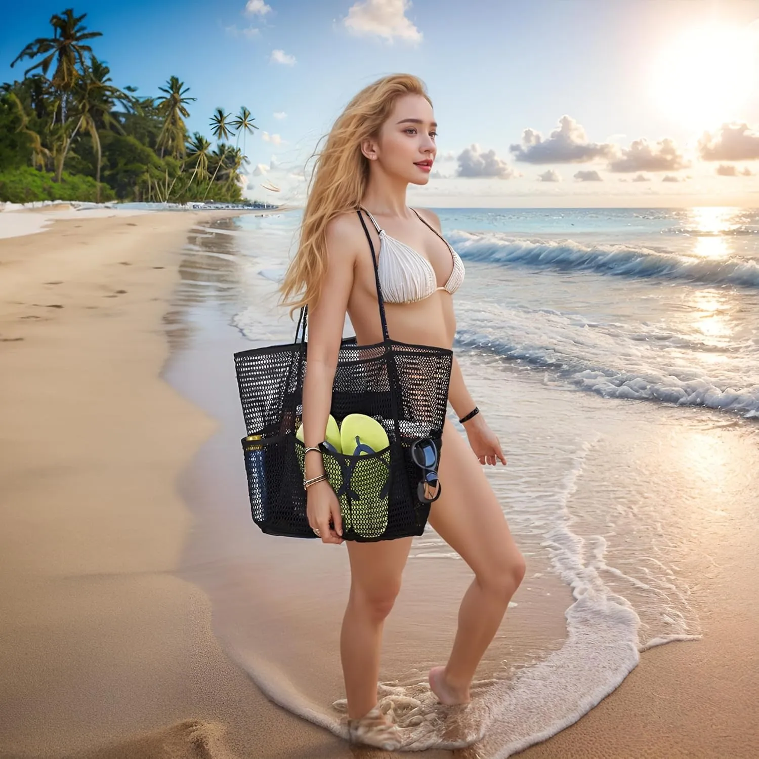 Beach Bag - Mesh Beach Handbag Suitable for Women's Various Holiday Gifts, Suitable for Beach Vacation, Swimming Pool Travel
