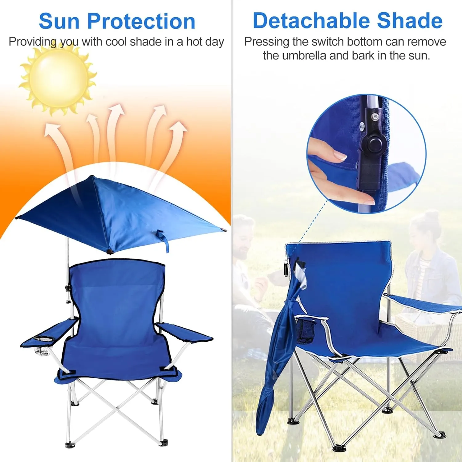 Beach Chair with Canopy Shade, Portable Folding Chair with Cup Holder and Carry Bag Durable 600D Oxford Canopy Chair for Camping, Beach, Tailgates, Fishing Support 220LBS