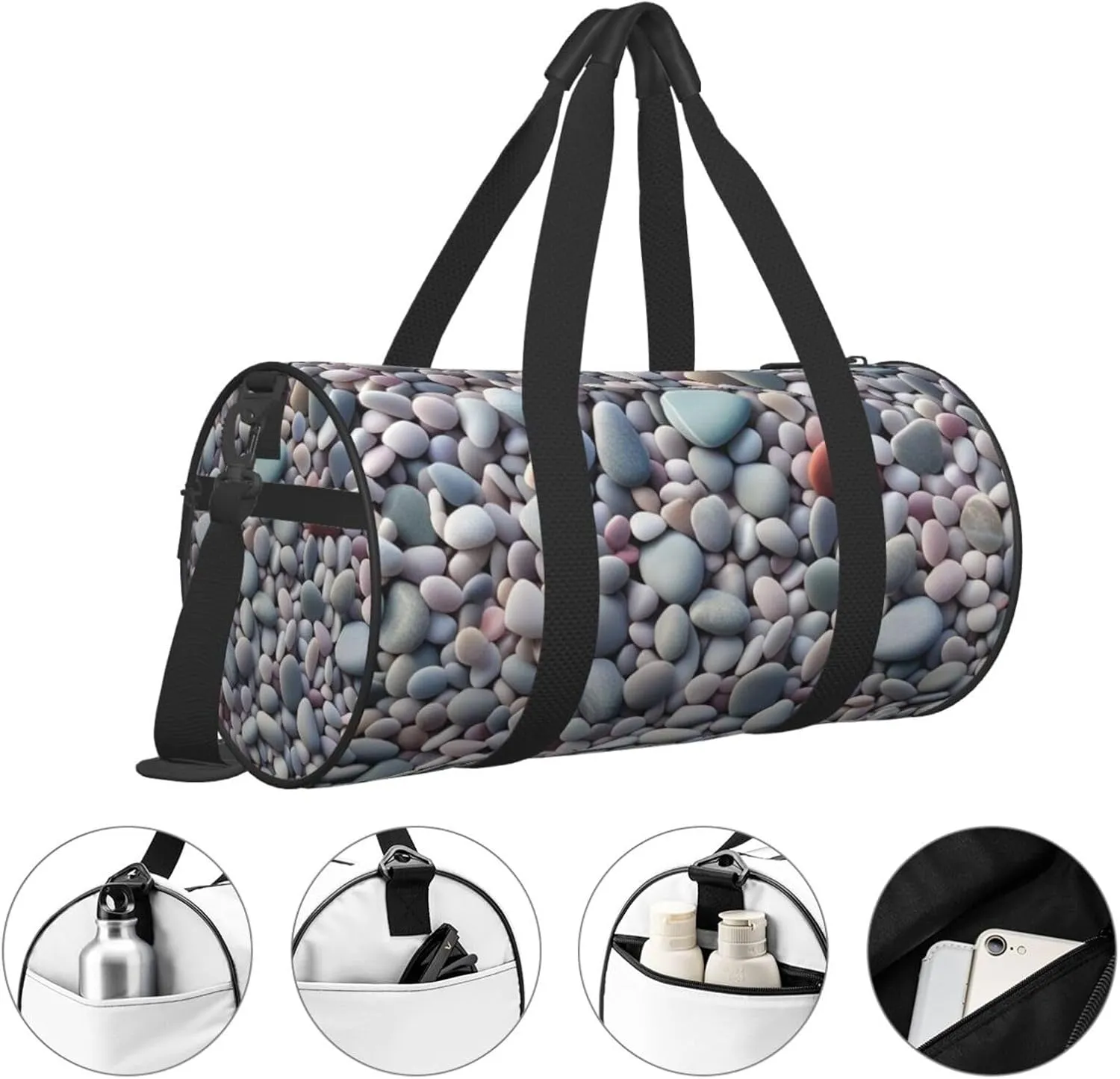 Beach Colored Pebbles Printed Travel Bag,Round Personal Item Storage bag,Foldie Duffel Bag for Traveling Vacation,Fitness,Sports
