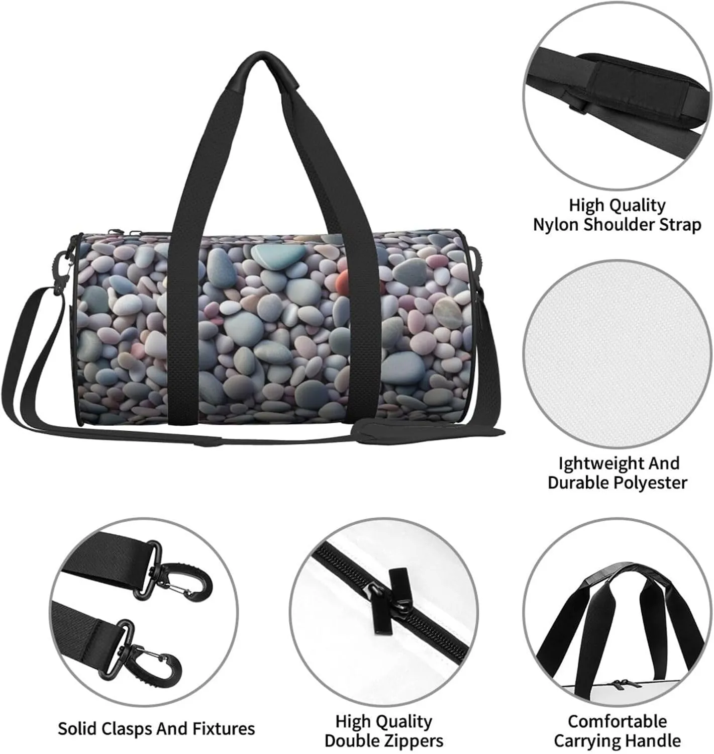 Beach Colored Pebbles Printed Travel Bag,Round Personal Item Storage bag,Foldie Duffel Bag for Traveling Vacation,Fitness,Sports