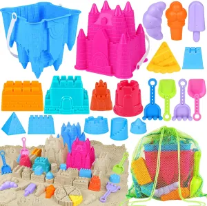 Beach Toys Sand Toys for Kids, Sand Castle Toys for Beach with 2 Sand Castle Bucket and Mesh Bag, Sand Molds, Shovels and Rakes, Sandbox Toys for Toddlers, Travel Beach Toys for Kids 3-10