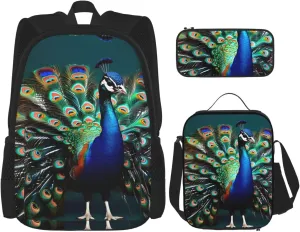 Beautiful Peacock Print Versatile Adjustable Shoulder Fashion Backpack Lunch Bag Pencil Case Large Capacity
