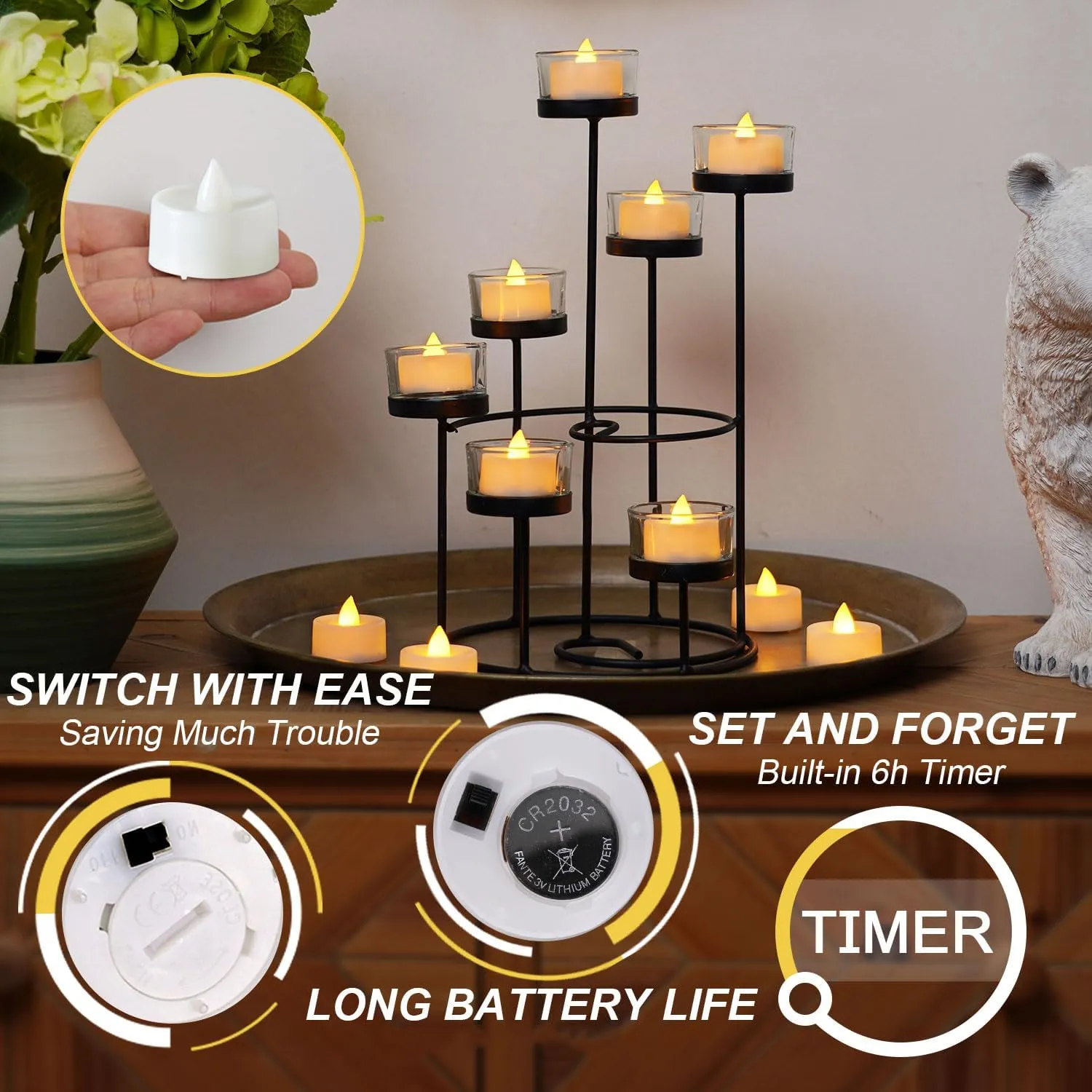 BEICHI 24 PCS Flameless TeaLights Candles with Timer, 6 Hour On and 18 Hour Off Cycle, Battery Operated LED Tea Lights Flickering Votive Candles Warm Yellow Light