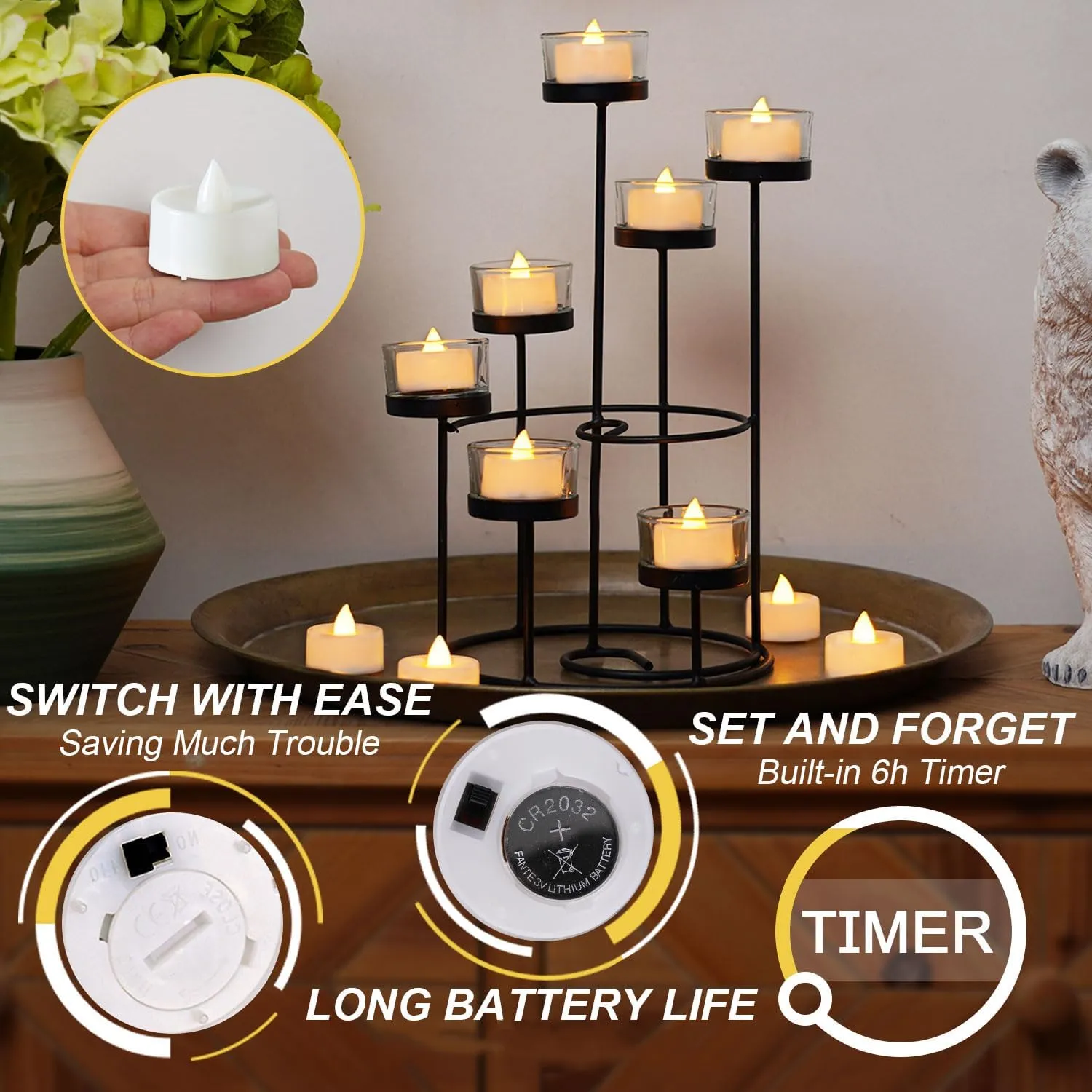 BEICHI 24pcs Battery Operated Tea Lights with Timer, Built-in 6 Hours Tea Light, Warm White Flickering Electric Tea Candles with Timer, 1.4'' Dia x 1.25'' H, LED Flameless Candles with Timer