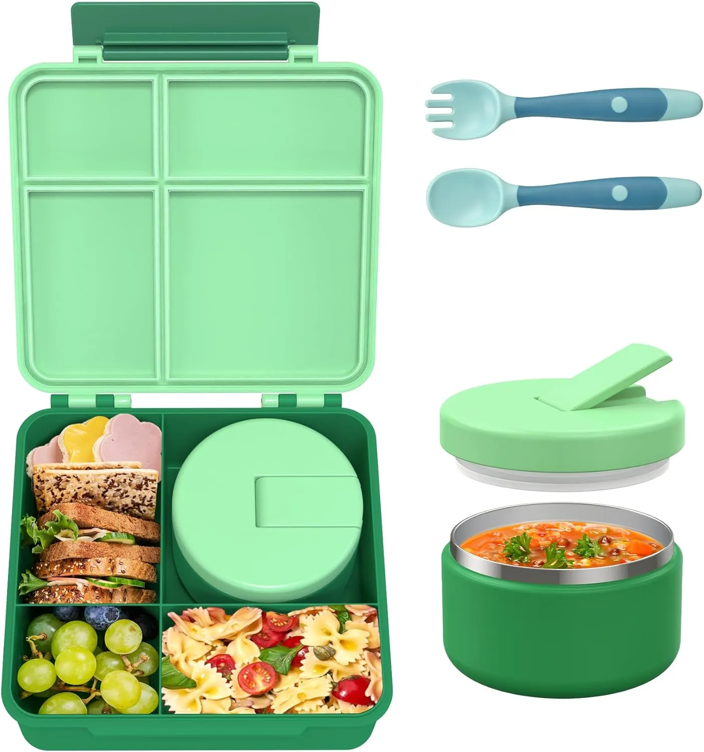 Bento Lunch Box with 8oz Soup Thermo, Leak-Proof Lunch Containers with 4 Compartment, Thermo Hot Food Jar and Insulated Lunch Box for School Green