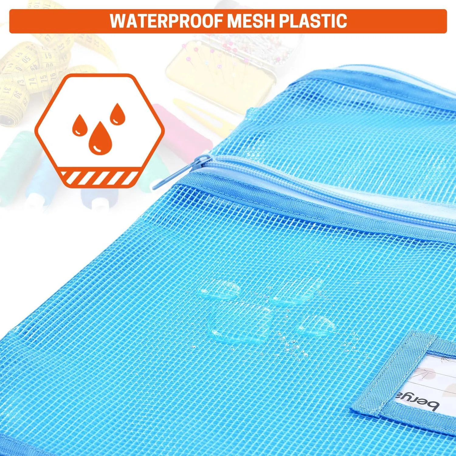 BERYA 16.14 x 16.14 inch Sewing Project Bag, Large Double Pocket Craft Bag Organizer Tote with Handles, Clear Mesh Art Supply Bag for Quilting, Knitting, Embroidery Projects Storage (Blue-2 Pack)
