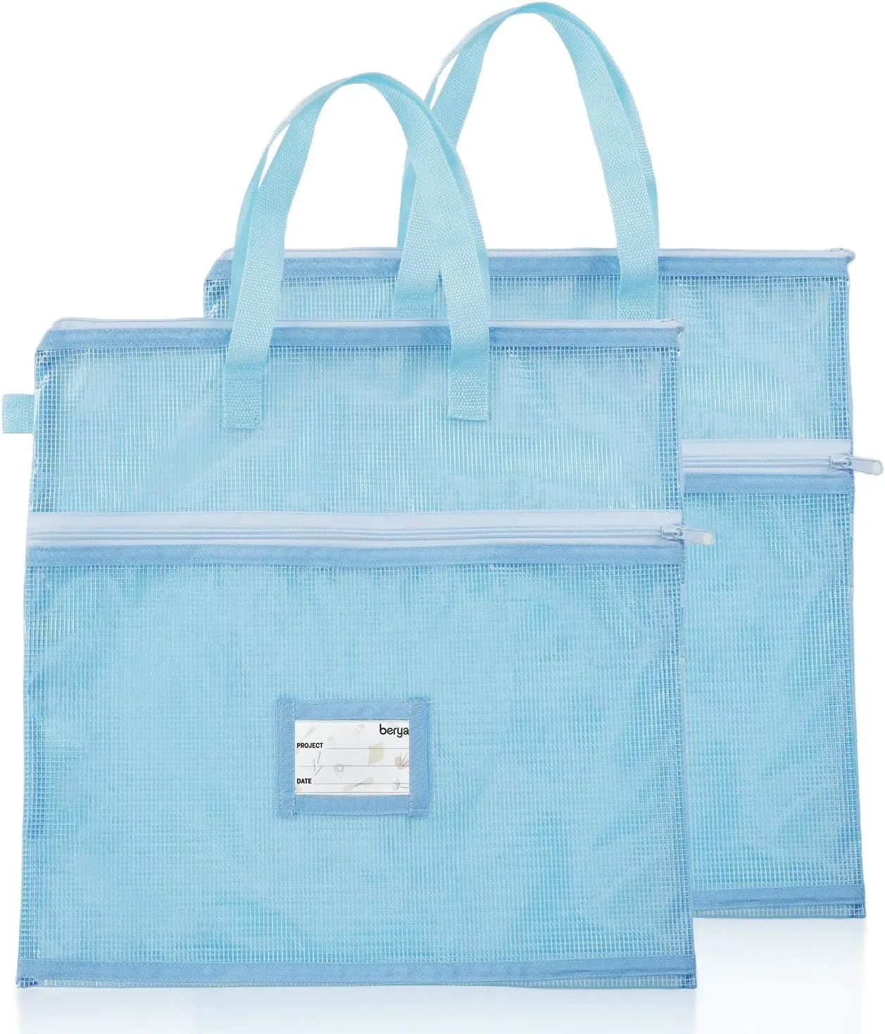 BERYA 16.14 x 16.14 inch Sewing Project Bag, Large Double Pocket Craft Bag Organizer Tote with Handles, Clear Mesh Art Supply Bag for Quilting, Knitting, Embroidery Projects Storage (Blue-2 Pack)