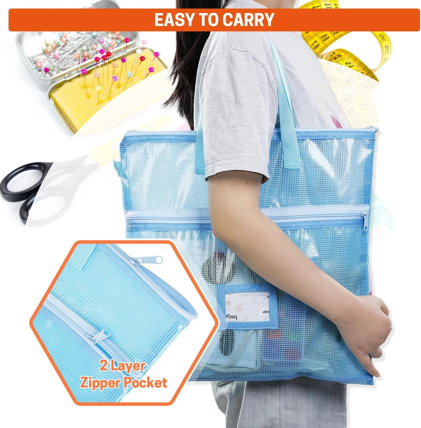 BERYA 16.14 x 16.14 inch Sewing Project Bag, Large Double Pocket Craft Bag Organizer Tote with Handles, Clear Mesh Art Supply Bag for Quilting, Knitting, Embroidery Projects Storage (Blue-2 Pack)