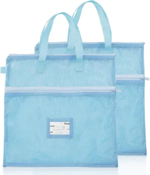 BERYA 16.14 x 16.14 inch Sewing Project Bag, Large Double Pocket Craft Bag Organizer Tote with Handles, Clear Mesh Art Supply Bag for Quilting, Knitting, Embroidery Projects Storage (Blue-2 Pack)