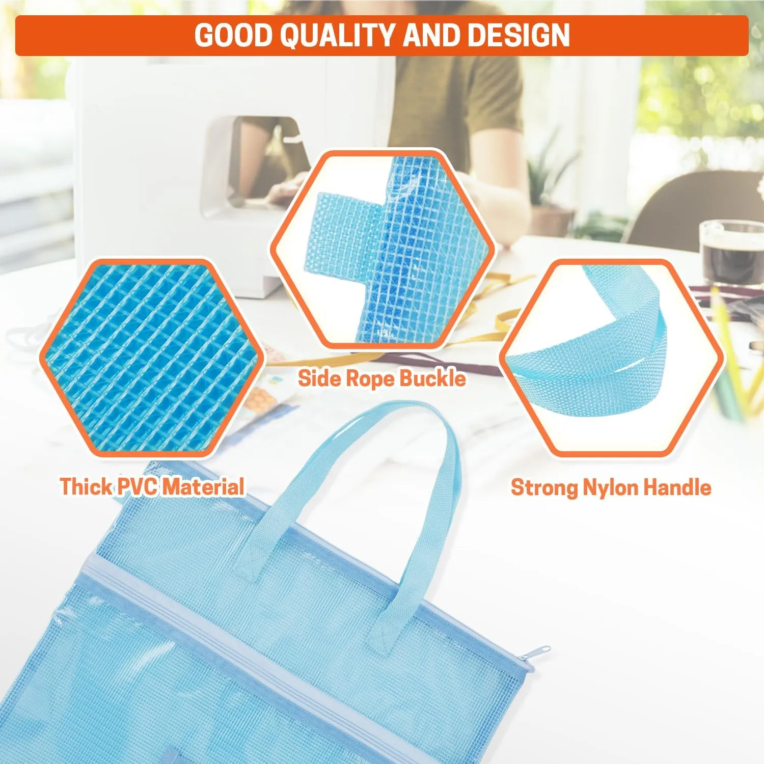 BERYA 16.14 x 16.14 inch Sewing Project Bag, Large Double Pocket Craft Bag Organizer Tote with Handles, Clear Mesh Art Supply Bag for Quilting, Knitting, Embroidery Projects Storage (Blue-2 Pack)