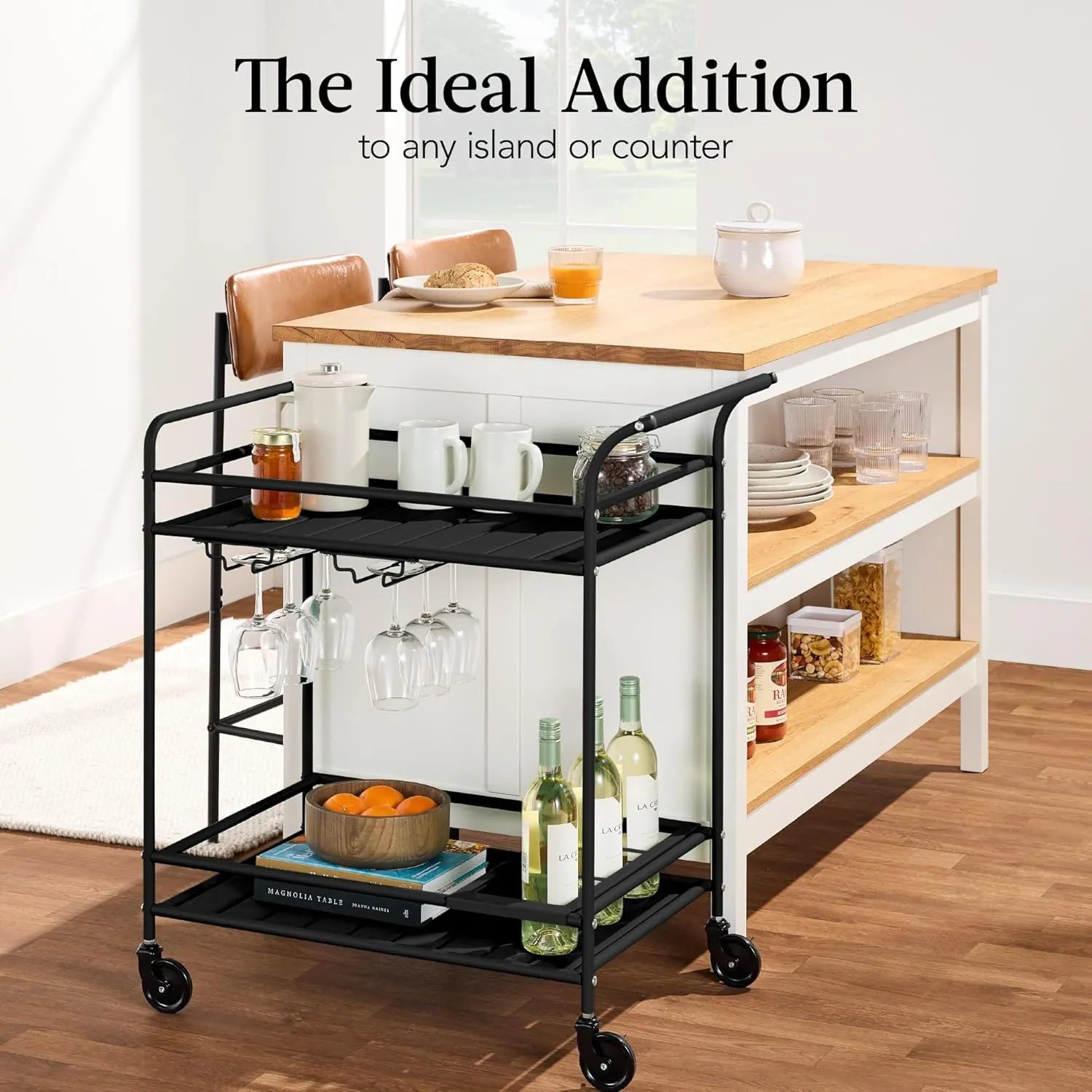 Best Choice Products Outdoor Mobile Patio Bar Cart, Home Bar Serving Cart, BBQ Side Table w/ 2 Tier Storage, Wine Rack, Lockable Wheels - Black