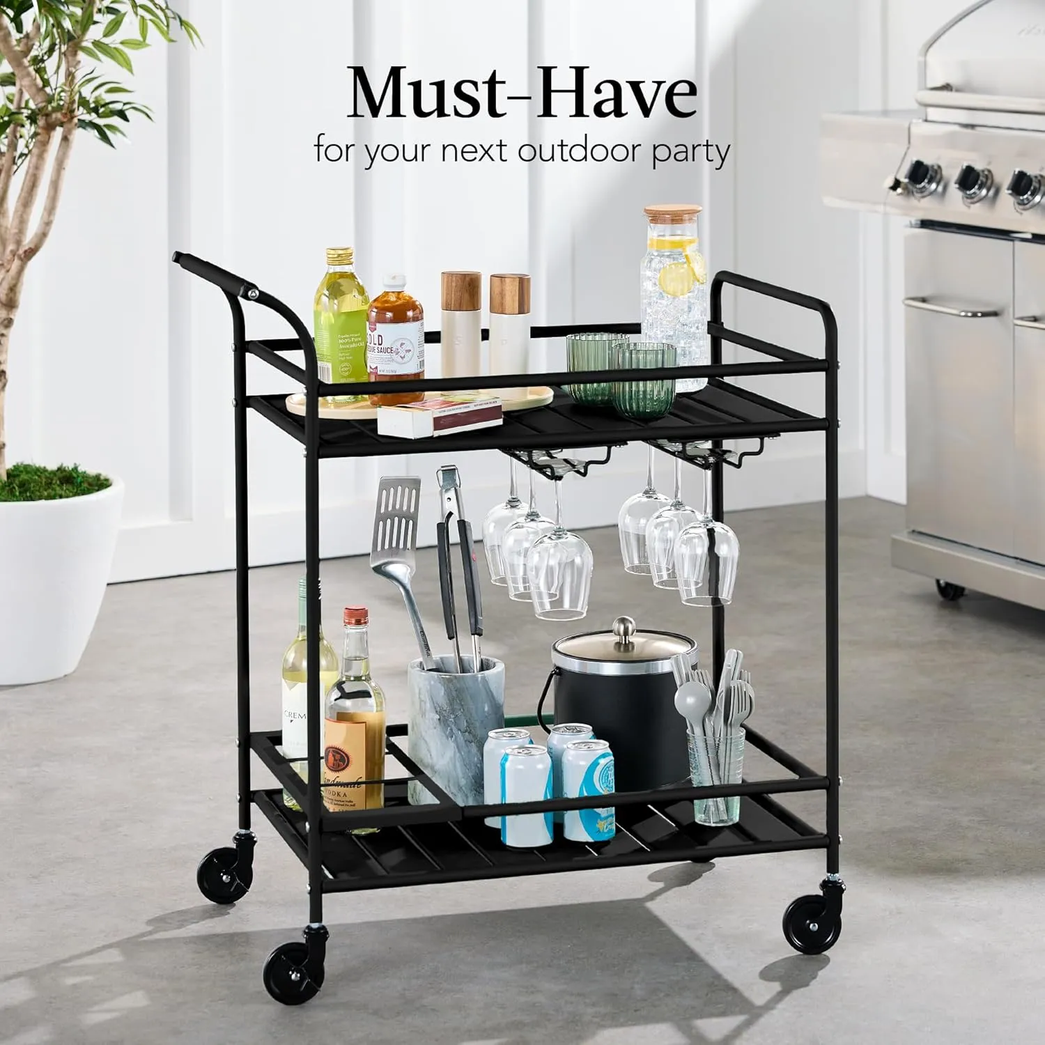 Best Choice Products Outdoor Mobile Patio Bar Cart, Home Bar Serving Cart, BBQ Side Table w/ 2 Tier Storage, Wine Rack, Lockable Wheels - Black