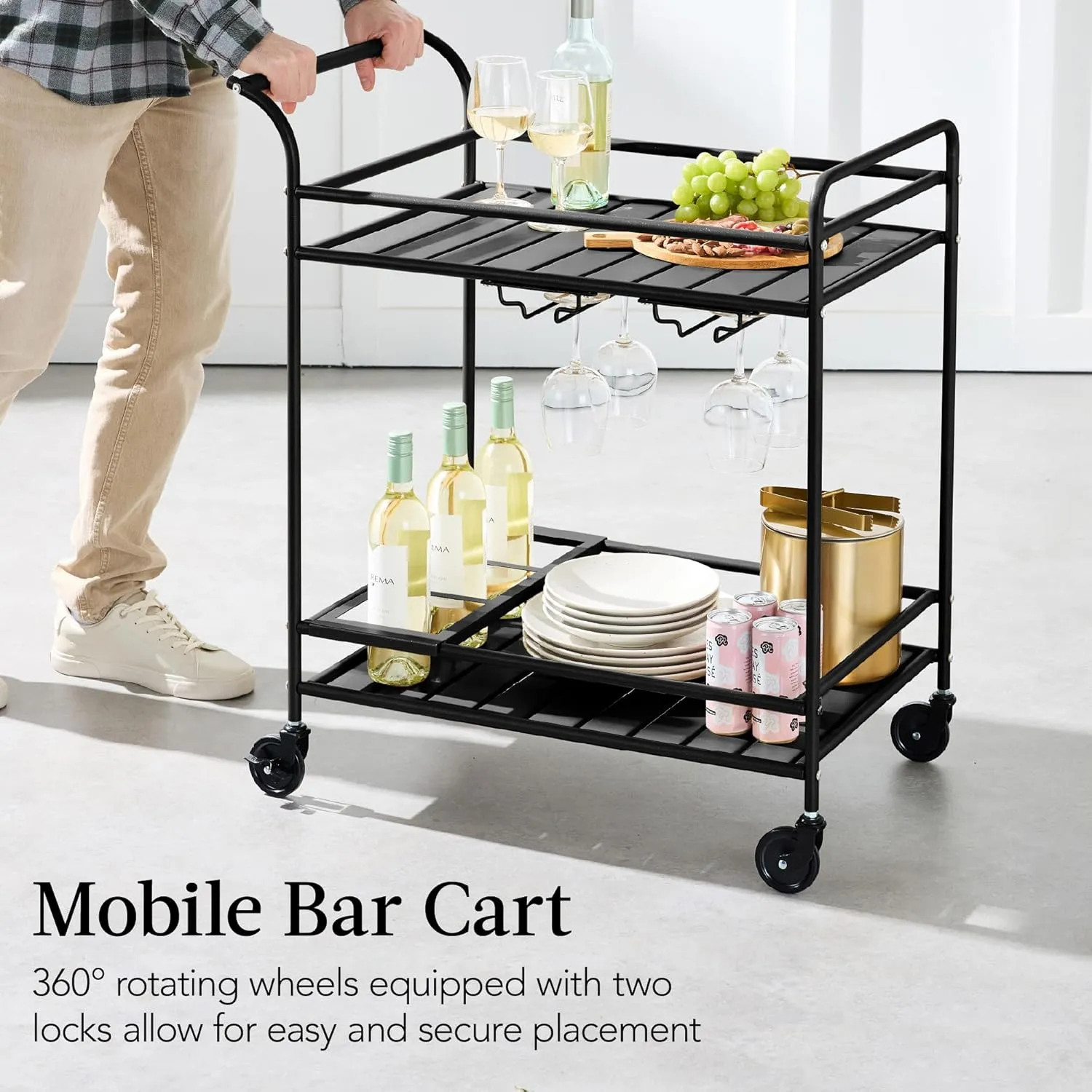 Best Choice Products Outdoor Mobile Patio Bar Cart, Home Bar Serving Cart, BBQ Side Table w/ 2 Tier Storage, Wine Rack, Lockable Wheels - Black