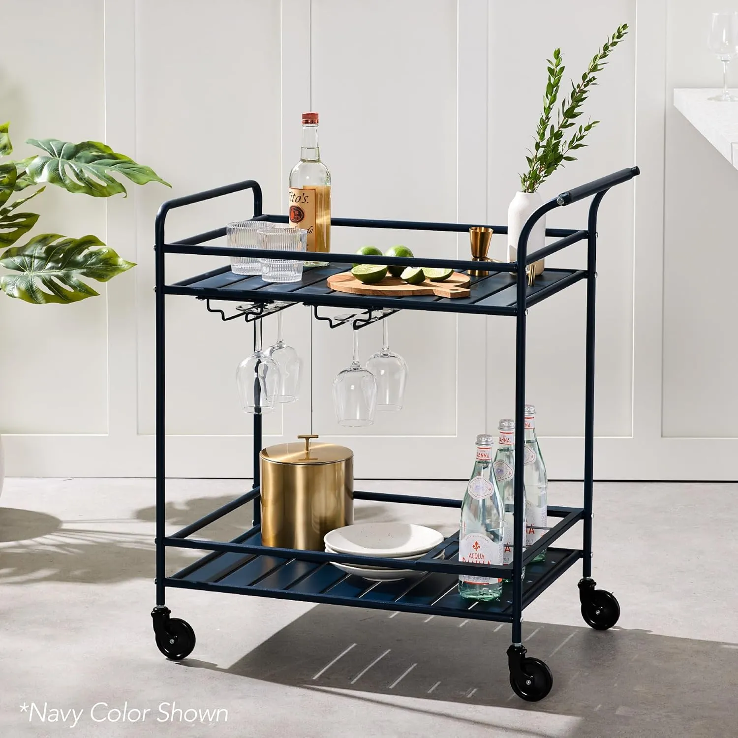 Best Choice Products Outdoor Mobile Patio Bar Cart, Home Bar Serving Cart, BBQ Side Table w/ 2 Tier Storage, Wine Rack, Lockable Wheels - Black