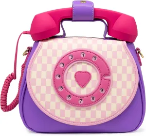 Bewaltz Novelty Handbag, Fun Shape Tween Style - Crossbody (Ring Ring Phone Convertible Handbag - Pastel Checkerboard)