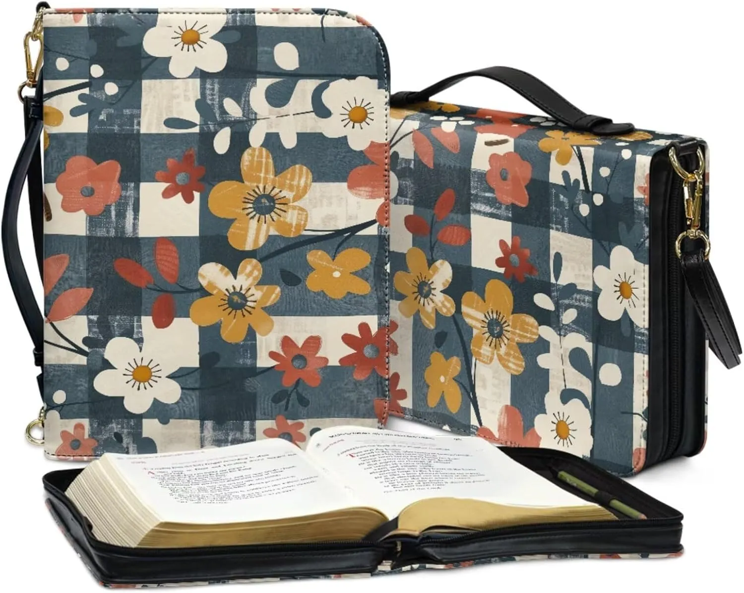 Bible Cover Case with Bonus Bookmark Flower Rhyme Puzzle Bible Bag with Inner Pockets and Shoulder Strap Church Study Book Protector Pouch Book Case for Daily Use