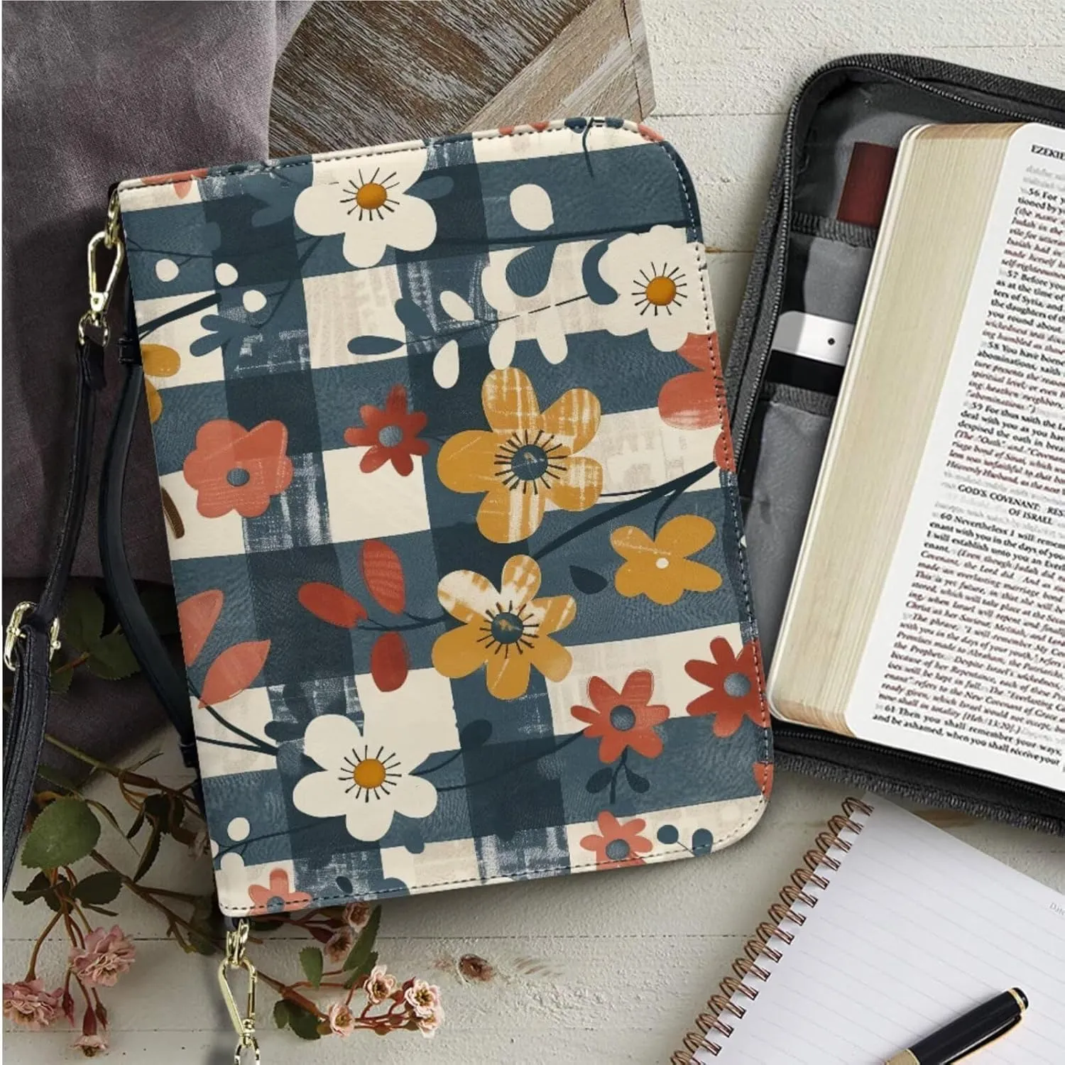 Bible Cover Case with Bonus Bookmark Flower Rhyme Puzzle Bible Bag with Inner Pockets and Shoulder Strap Church Study Book Protector Pouch Book Case for Daily Use