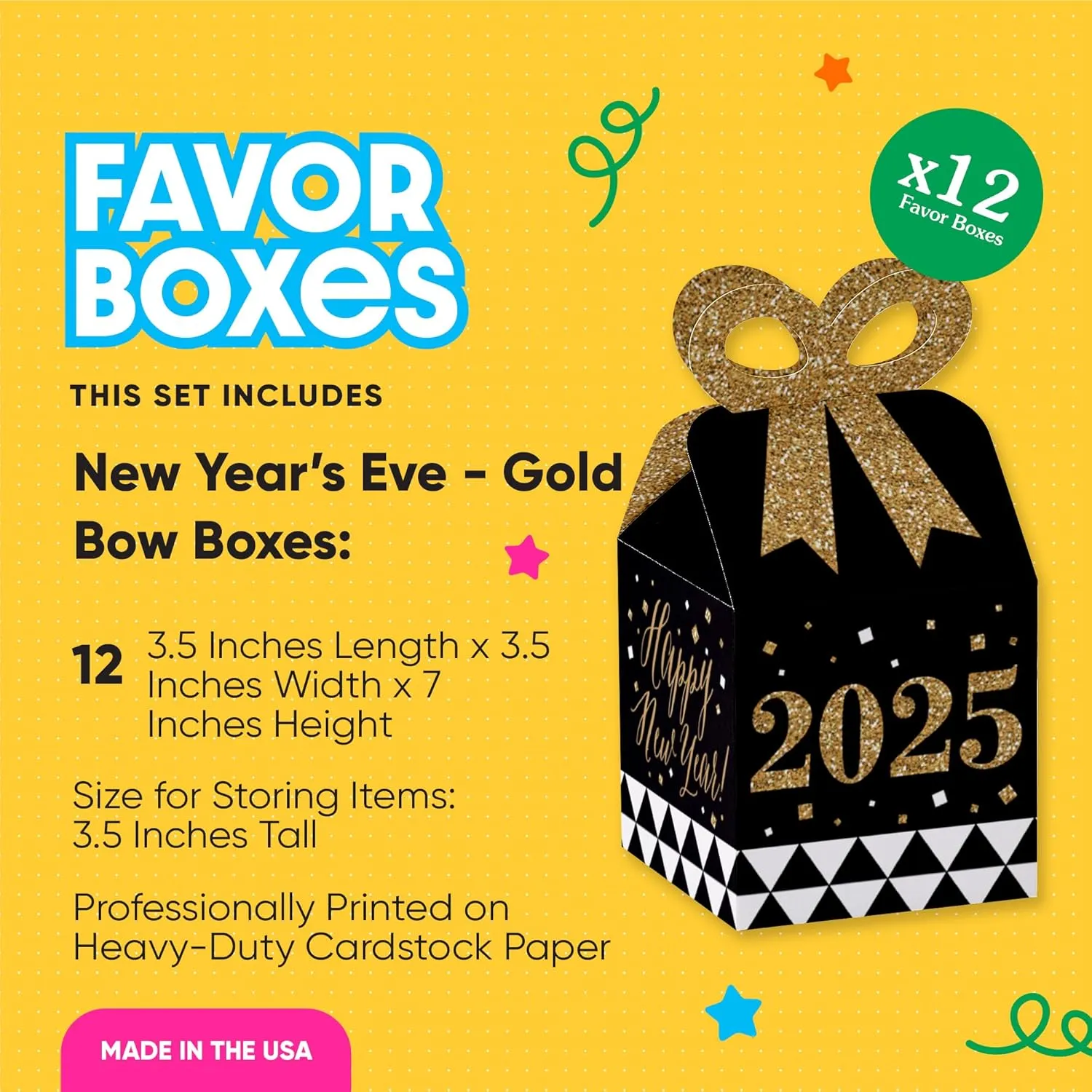 Big Dot of Happiness New Year's Eve - Gold - Square Favor Gift Boxes - 2025 New Years Eve Party Bow Boxes - Set of 12