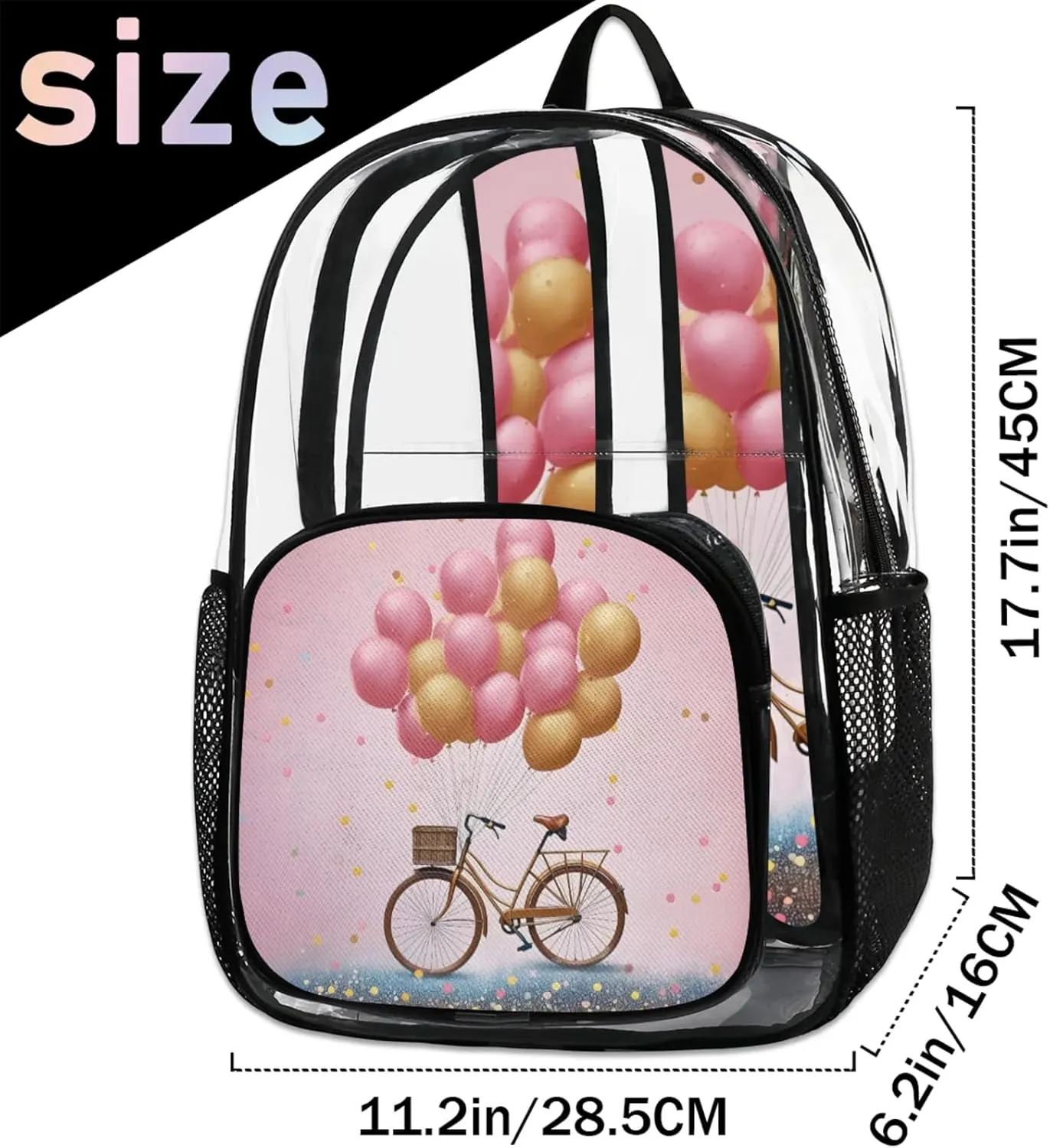 Bike Ball Polka Clear Backpack for Stadium Events Heavy Duty Transparent Daypack PVC See Through Clear BookBag for for Women Men Adults Concerts Work Festival Sports Travel