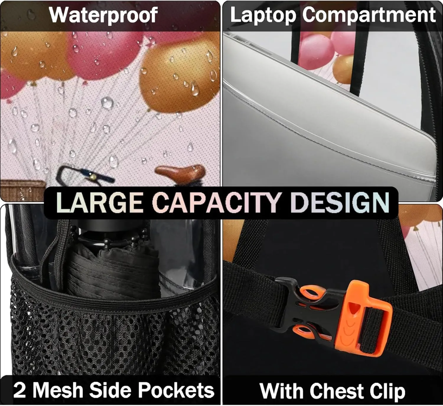 Bike Ball Polka Clear Backpack for Stadium Events Heavy Duty Transparent Daypack PVC See Through Clear BookBag for for Women Men Adults Concerts Work Festival Sports Travel