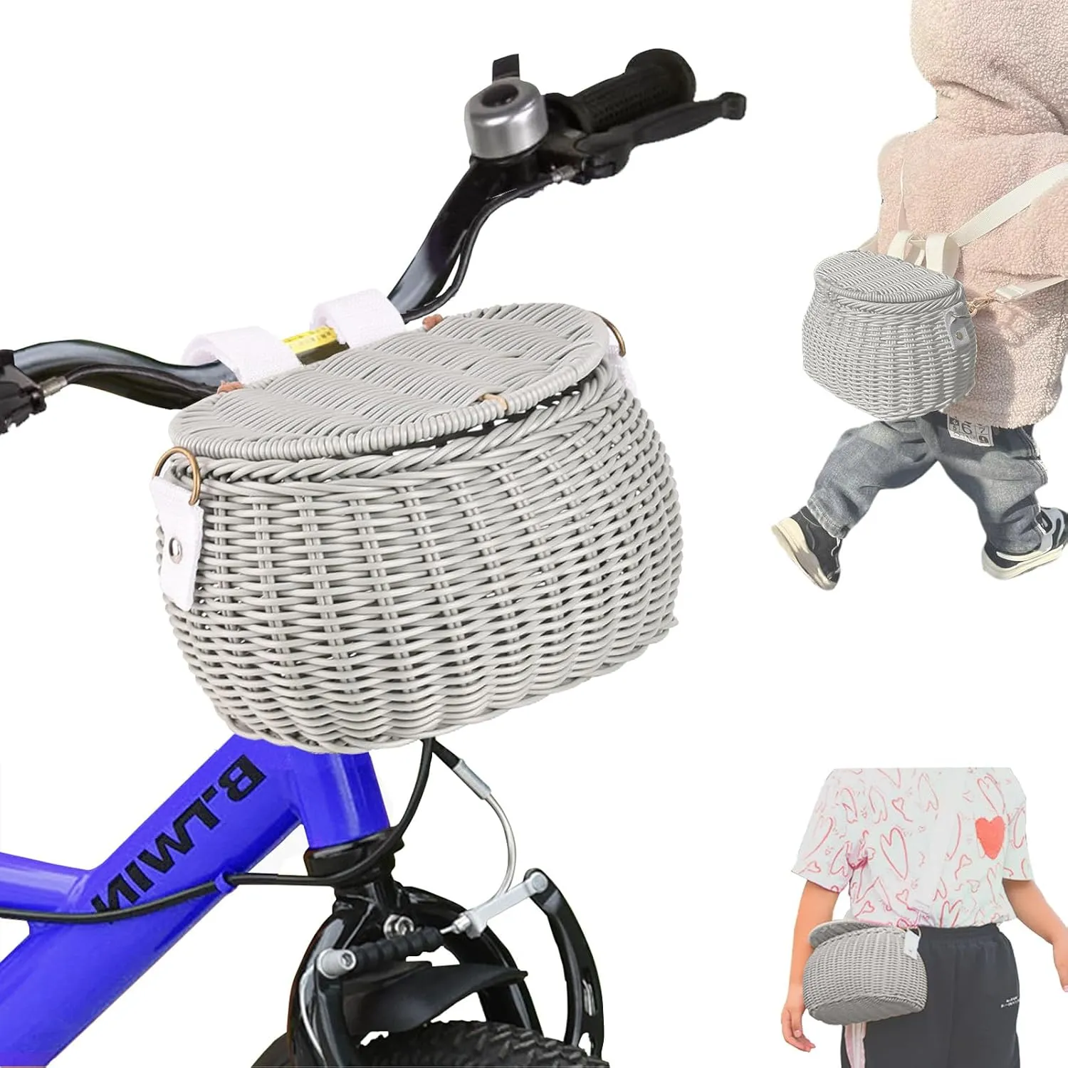 Bike Front Basket for Kids,Toddler Scooter Handlebar Basket,Multi-Purpose Crossbody Backpack Wicker Mini Cute Bag for Girls