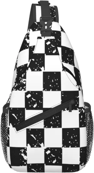 Black and White Checkered Race Flag Crossbody Sling Bag Chest Bags Casual Shoulder Backpack Sport Fanny Pack Gym Diagonally Daypack with Adjustable Strap for Running