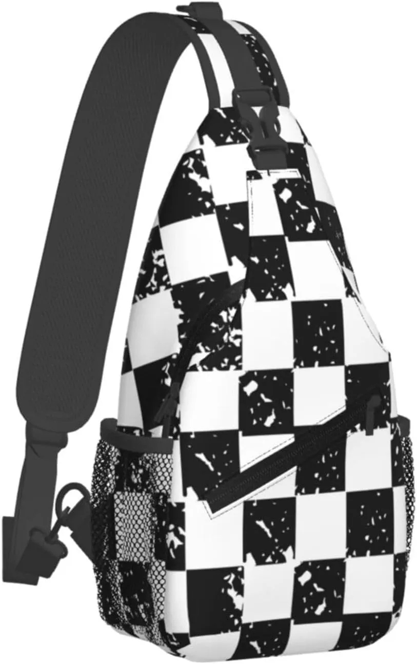 Black and White Checkered Race Flag Crossbody Sling Bag Chest Bags Casual Shoulder Backpack Sport Fanny Pack Gym Diagonally Daypack with Adjustable Strap for Running
