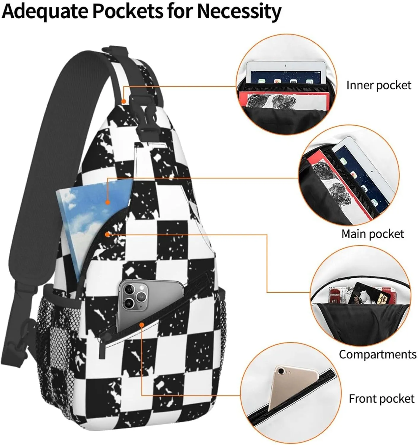 Black and White Checkered Race Flag Crossbody Sling Bag Chest Bags Casual Shoulder Backpack Sport Fanny Pack Gym Diagonally Daypack with Adjustable Strap for Running