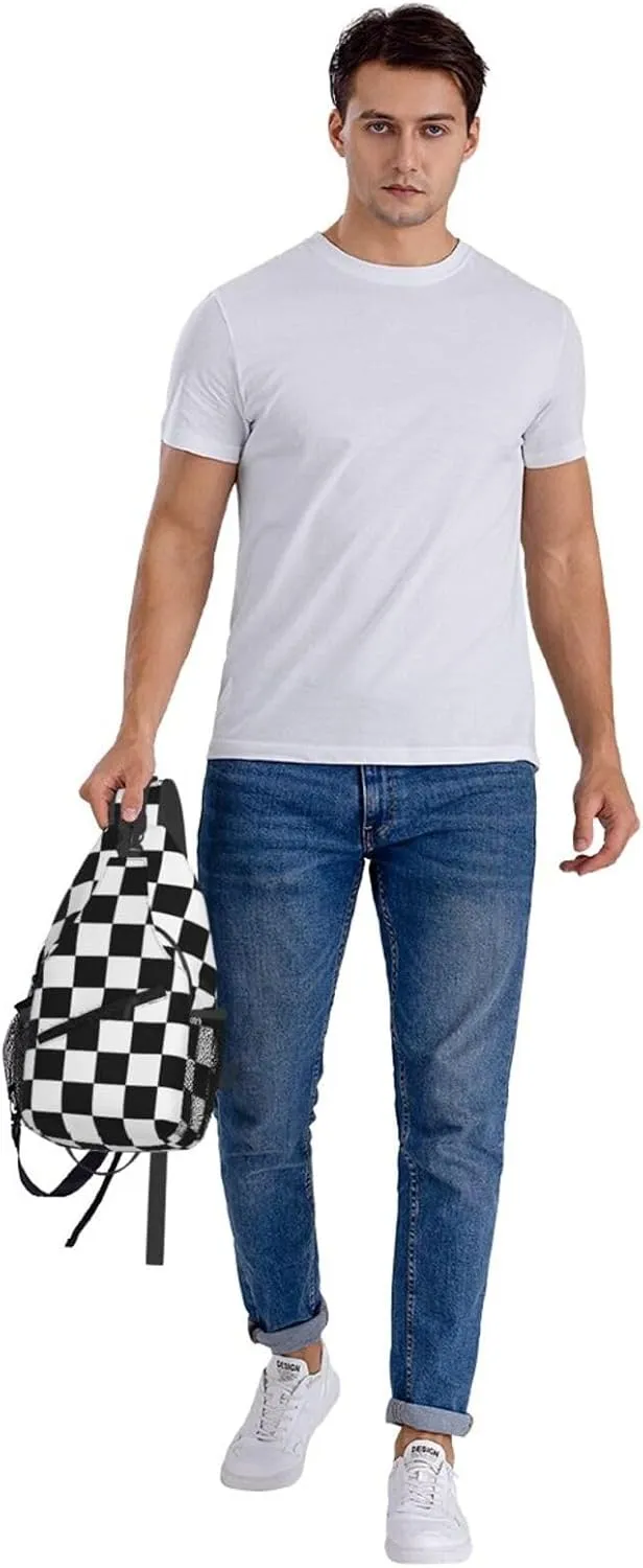 Black and White Checkered Race Flag Crossbody Sling Bag Chest Bags Casual Shoulder Backpack Sport Fanny Pack Gym Diagonally Daypack with Adjustable Strap for Running
