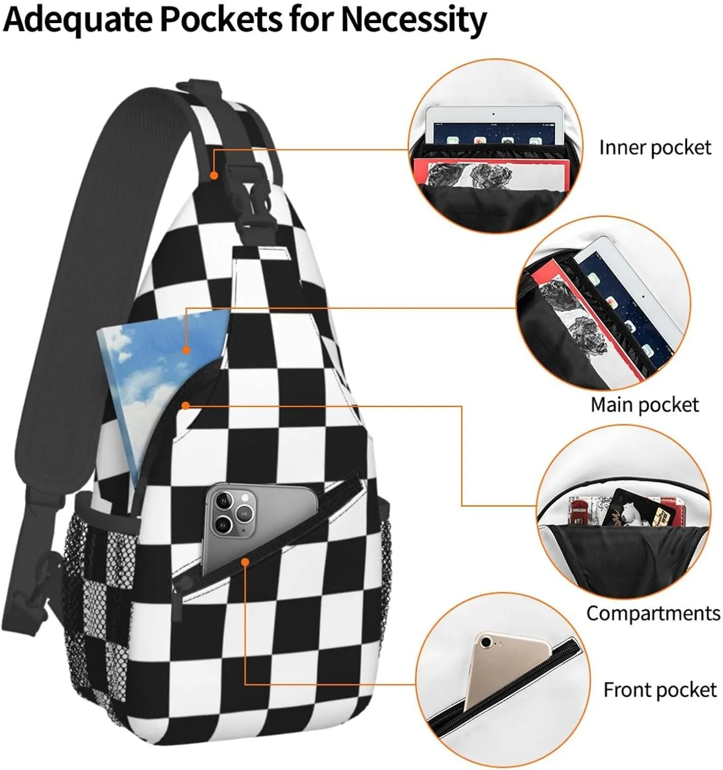 Black and White Checkered Race Flag Crossbody Sling Bag Chest Bags Casual Shoulder Backpack Sport Fanny Pack Gym Diagonally Daypack with Adjustable Strap for Running