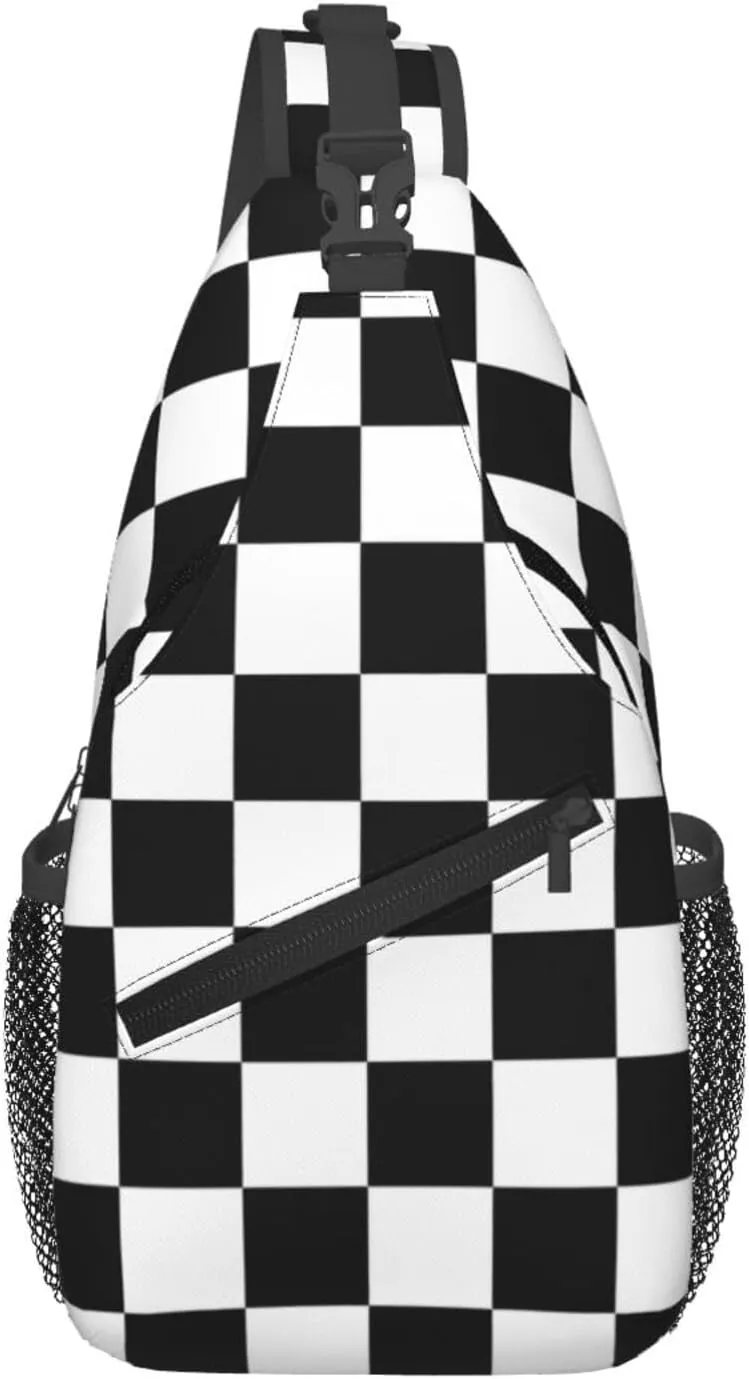 Black and White Checkered Race Flag Crossbody Sling Bag Chest Bags Casual Shoulder Backpack Sport Fanny Pack Gym Diagonally Daypack with Adjustable Strap for Running
