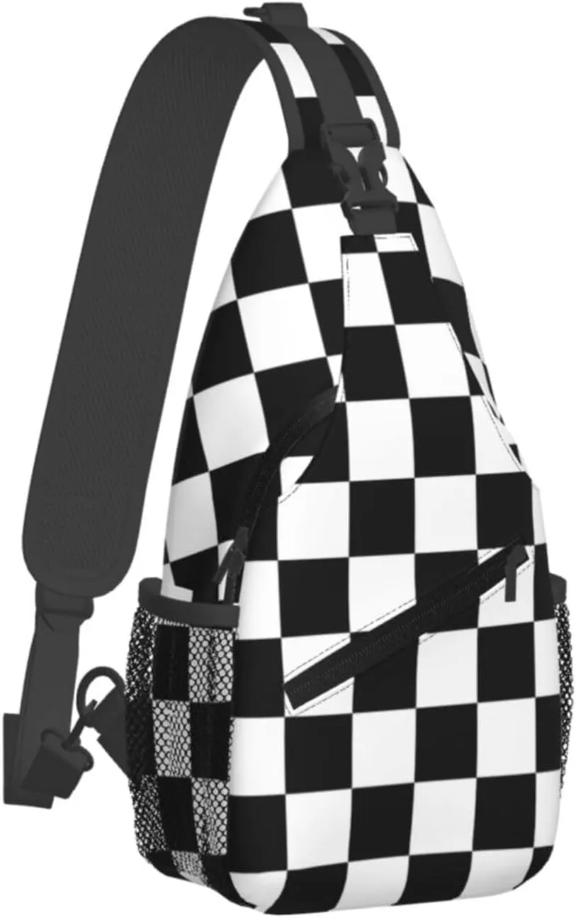 Black and White Checkered Race Flag Crossbody Sling Bag Chest Bags Casual Shoulder Backpack Sport Fanny Pack Gym Diagonally Daypack with Adjustable Strap for Running