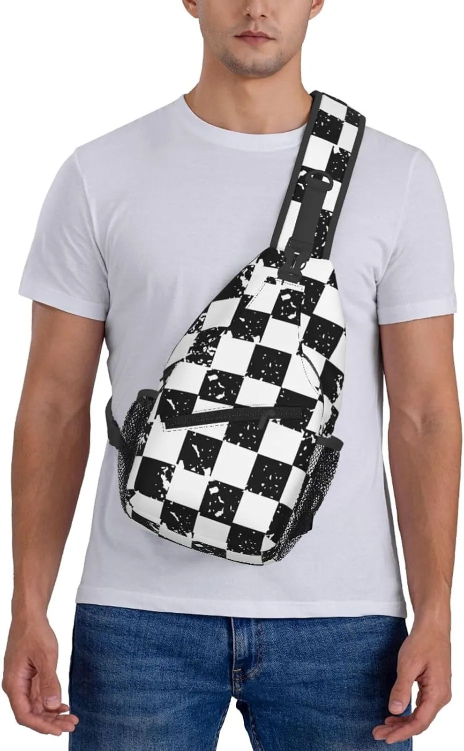 Black and White Checkered Race Flag Crossbody Sling Bag Chest Bags Casual Shoulder Backpack Sport Fanny Pack Gym Diagonally Daypack with Adjustable Strap for Running