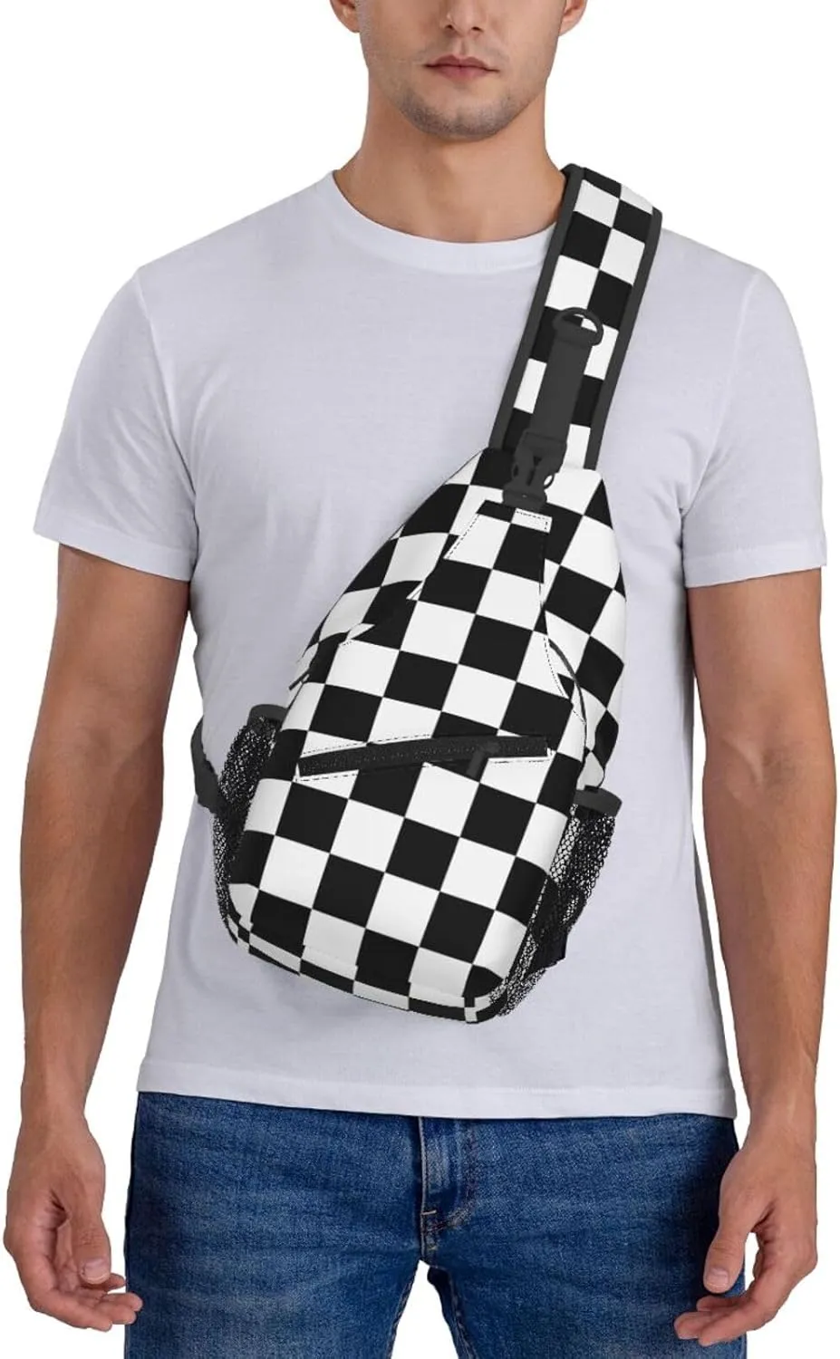 Black and White Checkered Race Flag Crossbody Sling Bag Chest Bags Casual Shoulder Backpack Sport Fanny Pack Gym Diagonally Daypack with Adjustable Strap for Running