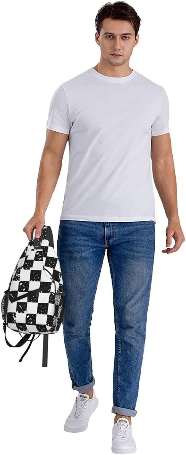 Black and White Checkered Race Flag Crossbody Sling Bag Chest Bags Casual Shoulder Backpack Sport Fanny Pack Gym Diagonally Daypack with Adjustable Strap for Running