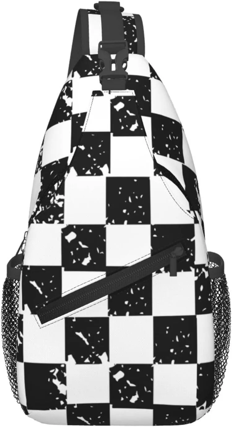 Black and White Checkered Race Flag Crossbody Sling Bag Chest Bags Casual Shoulder Backpack Sport Fanny Pack Gym Diagonally Daypack with Adjustable Strap for Running