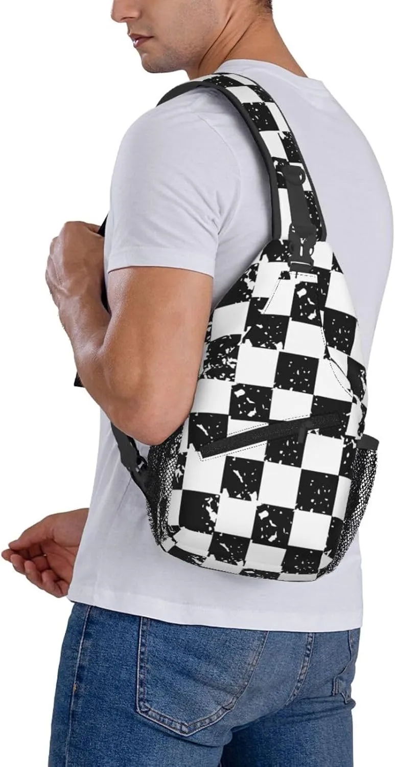 Black and White Checkered Race Flag Crossbody Sling Bag Chest Bags Casual Shoulder Backpack Sport Fanny Pack Gym Diagonally Daypack with Adjustable Strap for Running