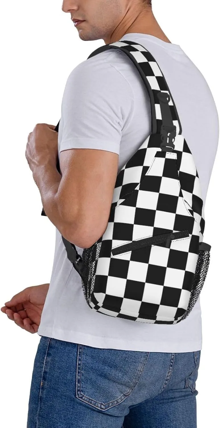 Black and White Checkered Race Flag Crossbody Sling Bag Chest Bags Casual Shoulder Backpack Sport Fanny Pack Gym Diagonally Daypack with Adjustable Strap for Running