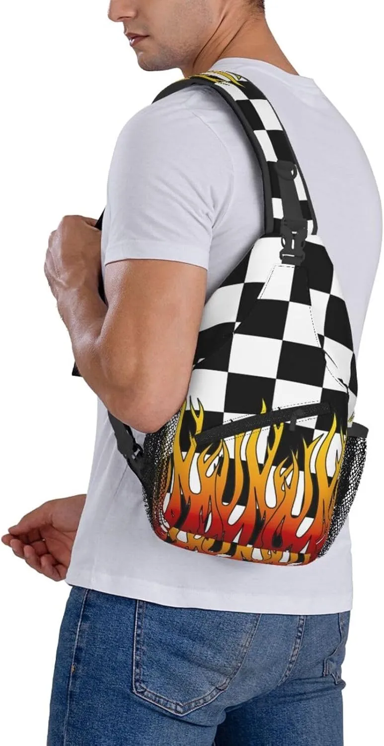Black and White Checkered Racing Flames Flag Crossbody Sling Bag Chest Bags Casual Shoulder Backpack Sport Fanny Pack Gym Diagonally Daypack with Adjustable Strap for Running