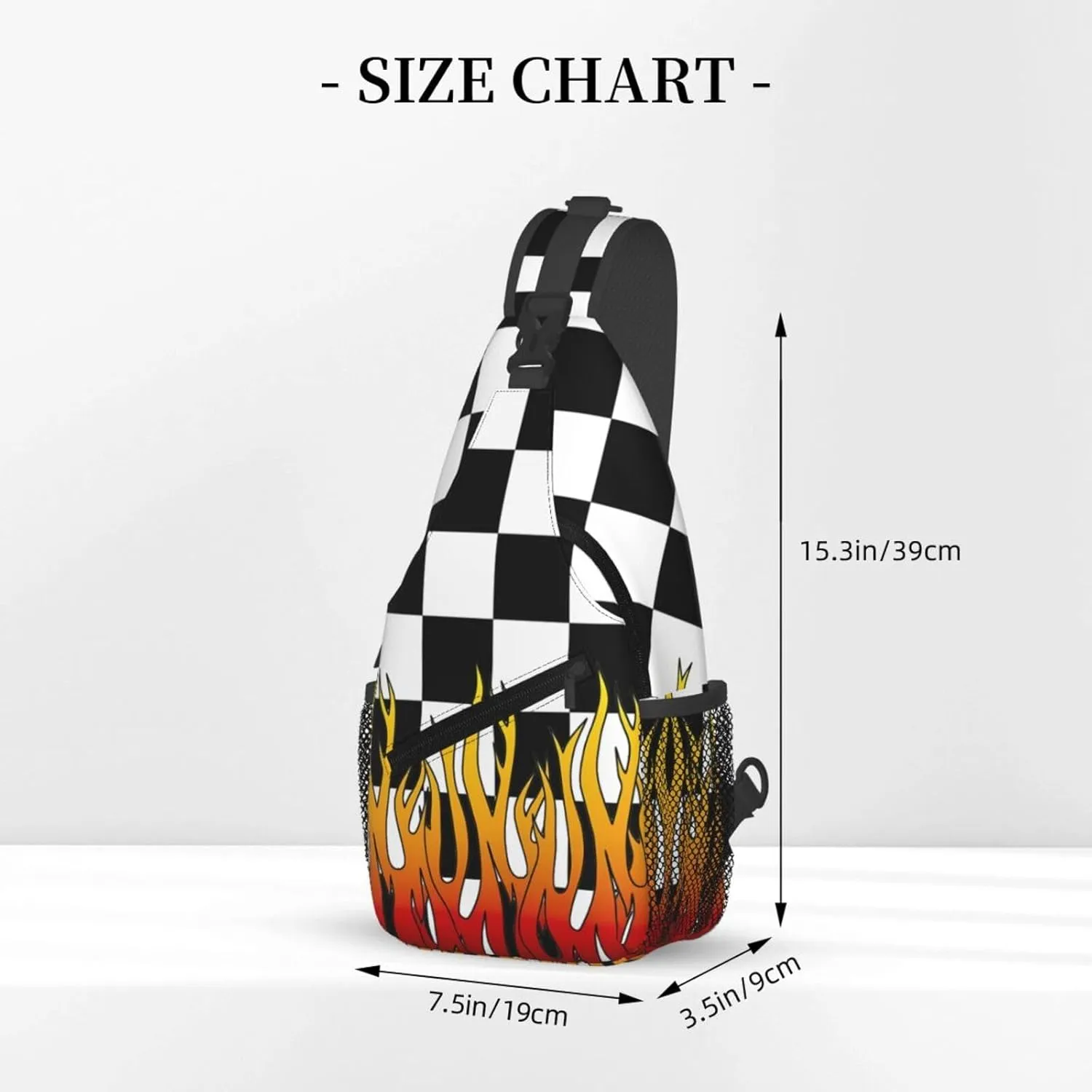 Black and White Checkered Racing Flames Flag Crossbody Sling Bag Chest Bags Casual Shoulder Backpack Sport Fanny Pack Gym Diagonally Daypack with Adjustable Strap for Running