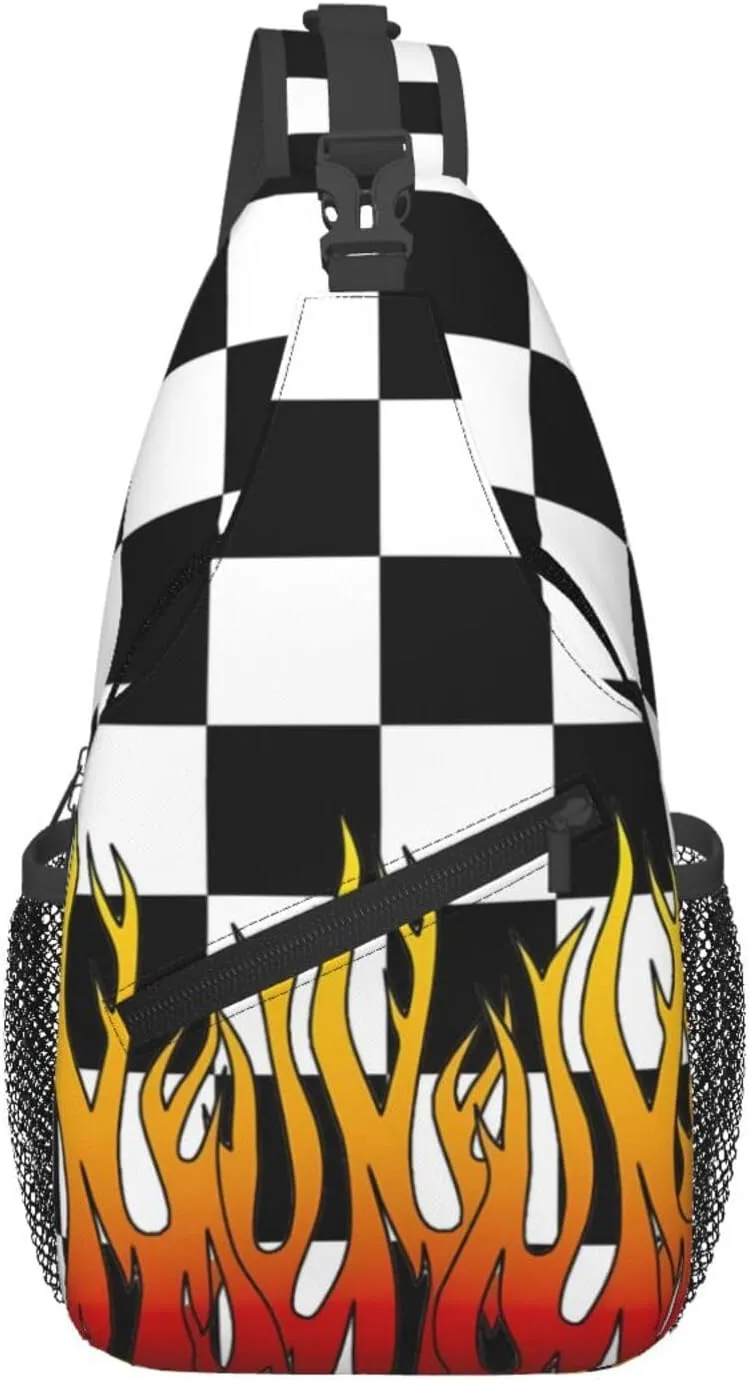 Black and White Checkered Racing Flames Flag Crossbody Sling Bag Chest Bags Casual Shoulder Backpack Sport Fanny Pack Gym Diagonally Daypack with Adjustable Strap for Running