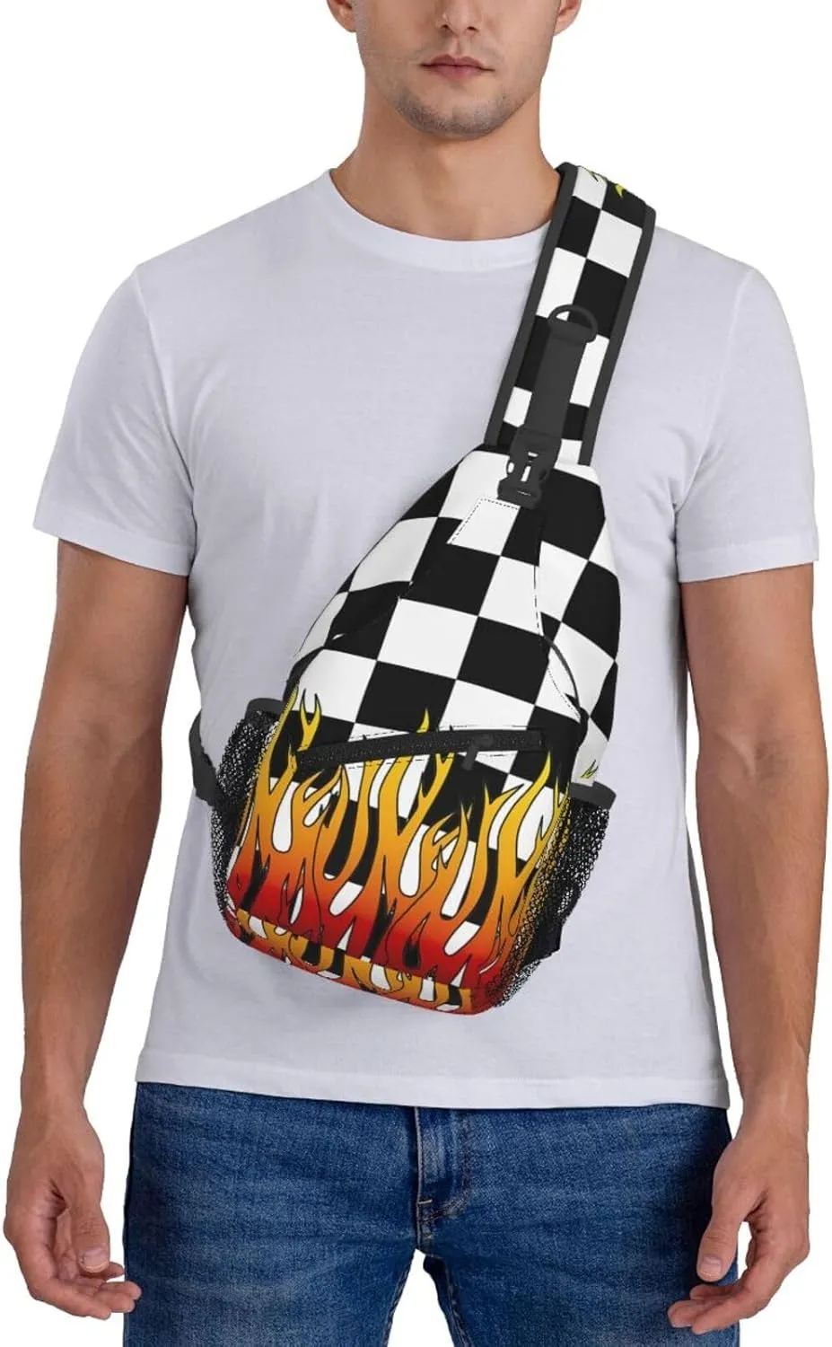 Black and White Checkered Racing Flames Flag Crossbody Sling Bag Chest Bags Casual Shoulder Backpack Sport Fanny Pack Gym Diagonally Daypack with Adjustable Strap for Running