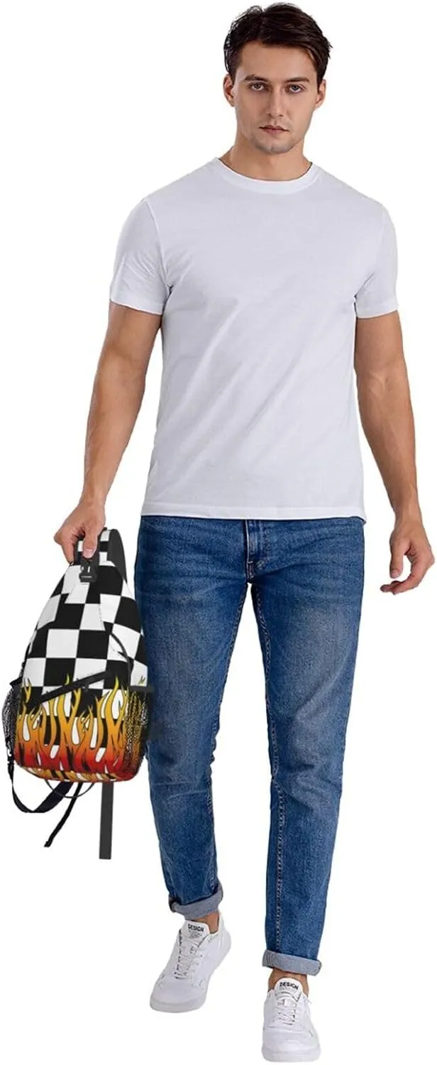 Black and White Checkered Racing Flames Flag Crossbody Sling Bag Chest Bags Casual Shoulder Backpack Sport Fanny Pack Gym Diagonally Daypack with Adjustable Strap for Running