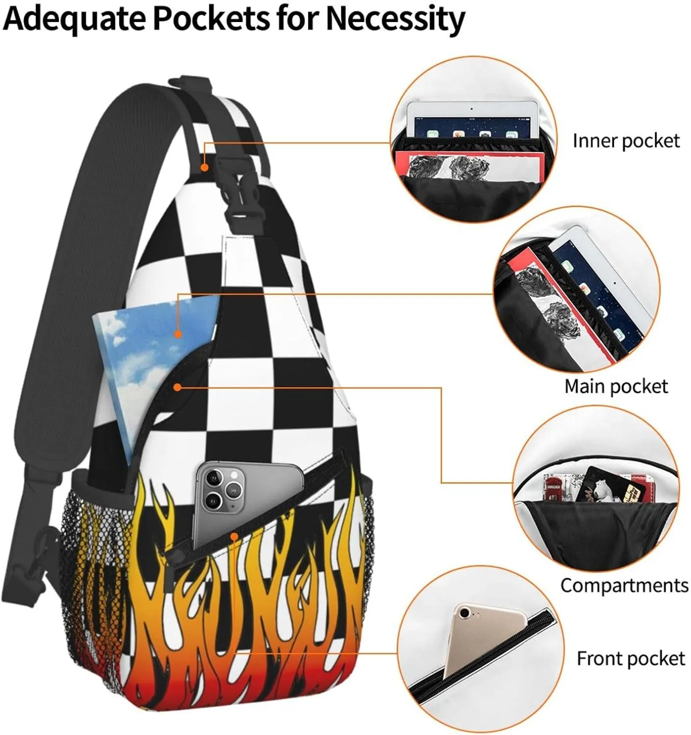 Black and White Checkered Racing Flames Flag Crossbody Sling Bag Chest Bags Casual Shoulder Backpack Sport Fanny Pack Gym Diagonally Daypack with Adjustable Strap for Running