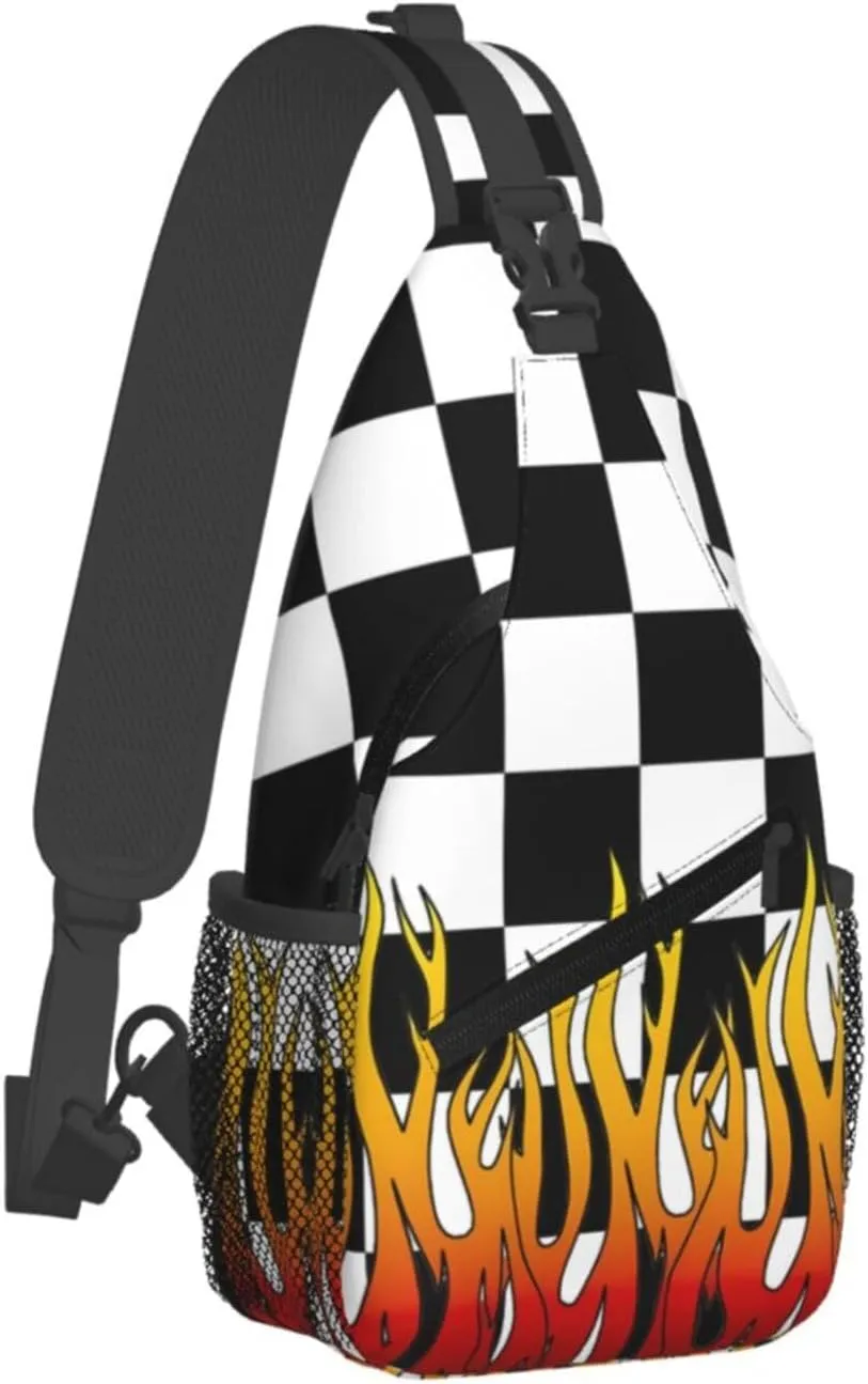 Black and White Checkered Racing Flames Flag Crossbody Sling Bag Chest Bags Casual Shoulder Backpack Sport Fanny Pack Gym Diagonally Daypack with Adjustable Strap for Running