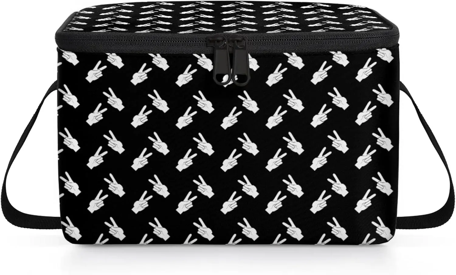 Black And White Gestures Lunch Bag Insulated Reusable Adult Large Lunch Box with Adjustable Shoulder and Zipper Canvas Cooler Tote Bag for Office Work Picnic Outdoor